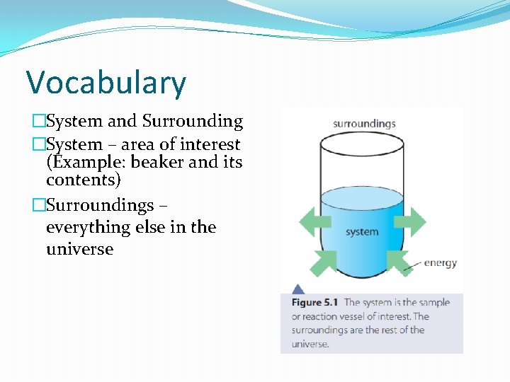 Vocabulary �System and Surrounding �System – area of interest (Example: beaker and its contents) Vocabulary �System and Surrounding �System – area of interest (Example: beaker and its contents)