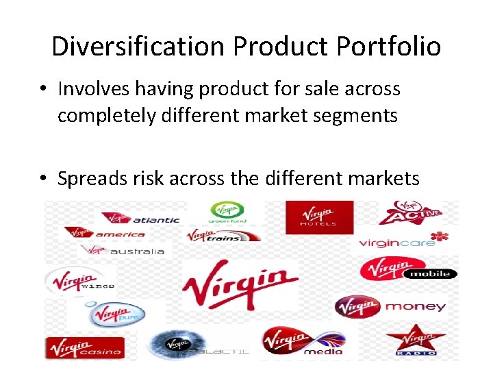 Diversification Product Portfolio • Involves having product for sale across completely different market segments