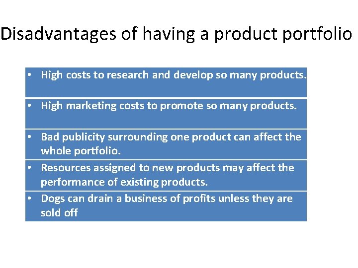 Disadvantages of having a product portfolio • High costs to research and develop so