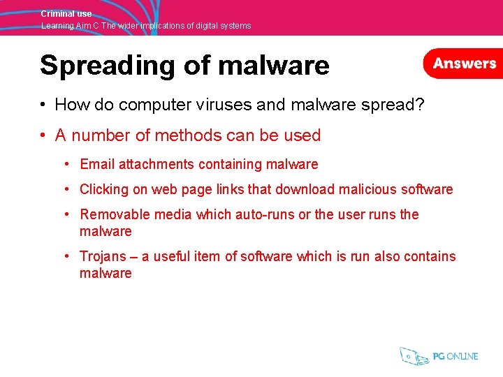 Criminal use Learning Aim C The wider implications of digital systems Spreading of malware