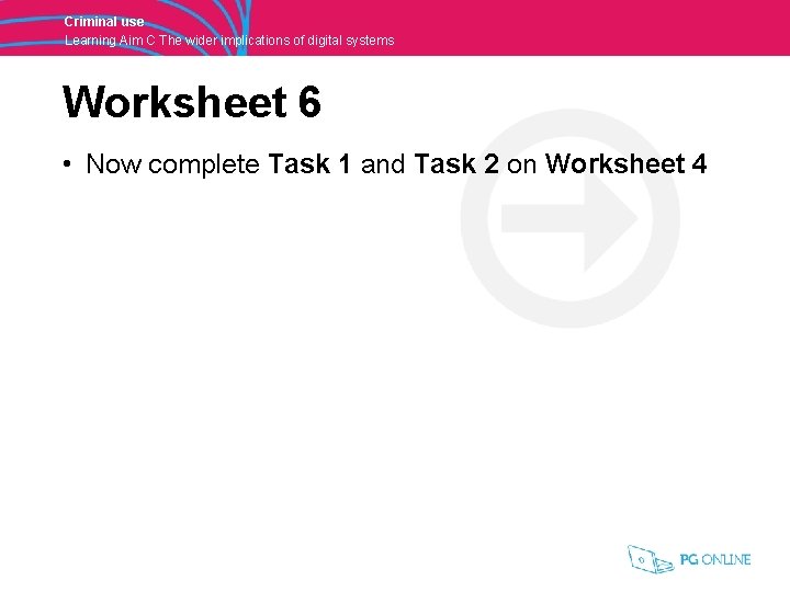 Criminal use Learning Aim C The wider implications of digital systems Worksheet 6 •