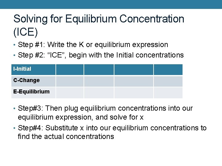 Solving for Equilibrium Concentration (ICE) • Step #1: Write the K or equilibrium expression