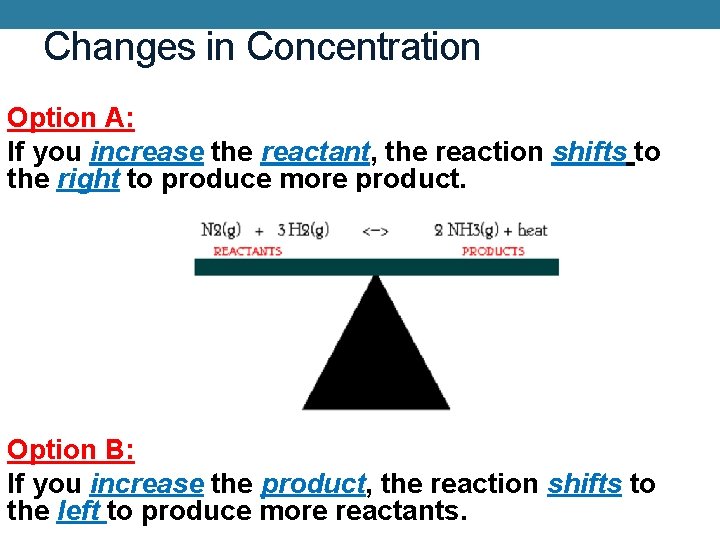 Changes in Concentration Option A: If you increase the reactant, the reaction shifts to