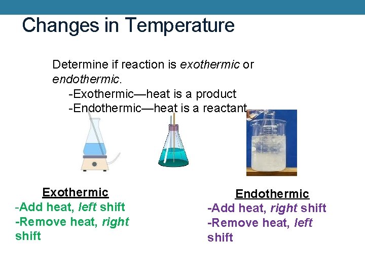 Changes in Temperature Determine if reaction is exothermic or endothermic. -Exothermic—heat is a product