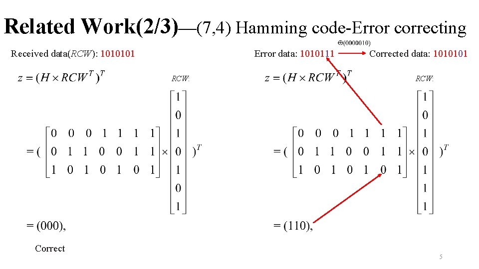 Related Work(2/3)—(7, 4) Hamming code-Error correcting Error data: 1010111 Received data(RCW): 1010101 RCW: Corrected