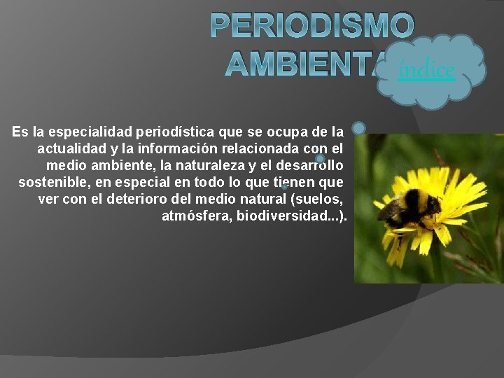 PERIODISMO AMBIENTAL índice Es la especialidad periodística que se ocupa de la actualidad y