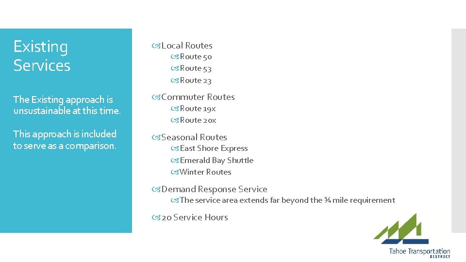 Existing Services Local Routes The Existing approach is unsustainable at this time. Commuter Routes