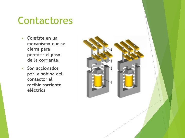 Contactores • Consiste en un mecanismo que se cierra para permitir el paso de