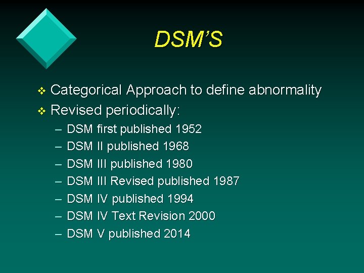 DSM’S Categorical Approach to define abnormality v Revised periodically: v – – – –