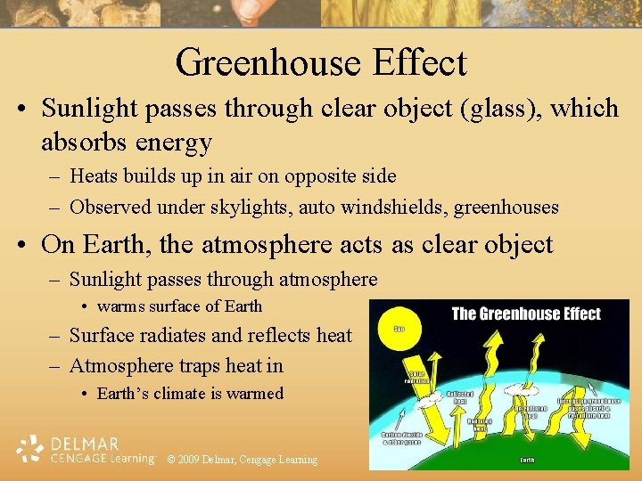 Greenhouse Effect • Sunlight passes through clear object (glass), which absorbs energy – Heats