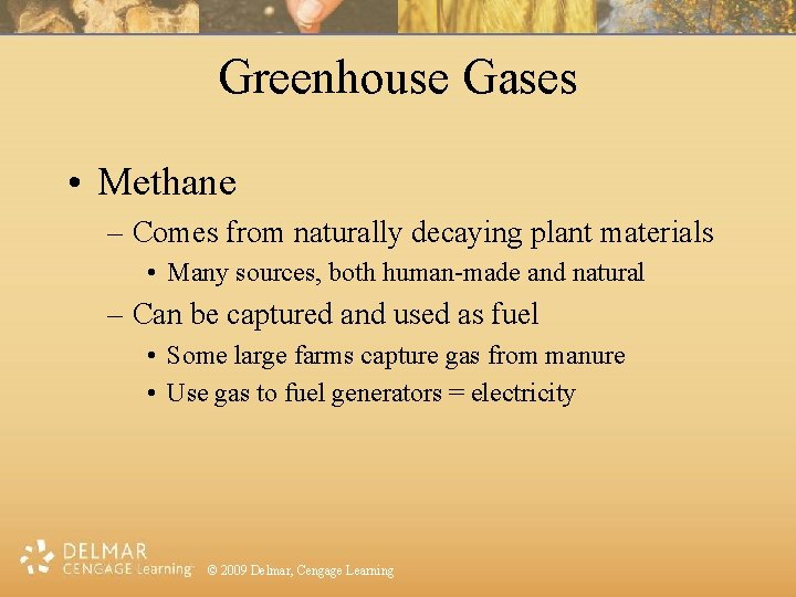 Greenhouse Gases • Methane – Comes from naturally decaying plant materials • Many sources,