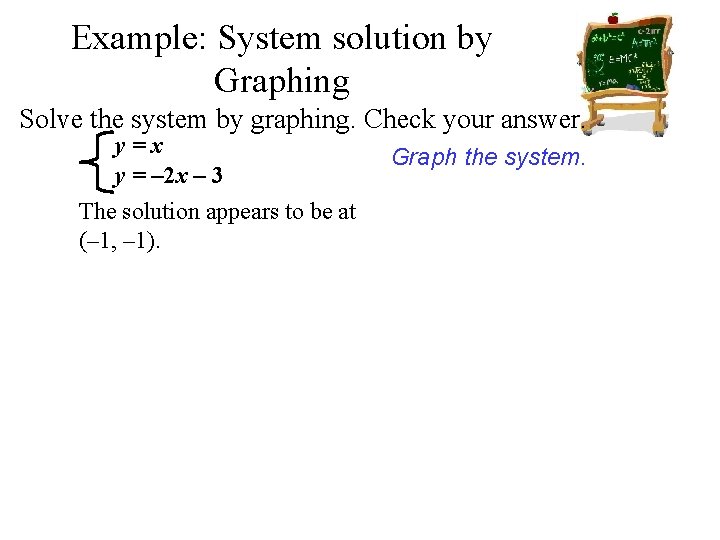 Example: System solution by Graphing Solve the system by graphing. Check your answer. y=x