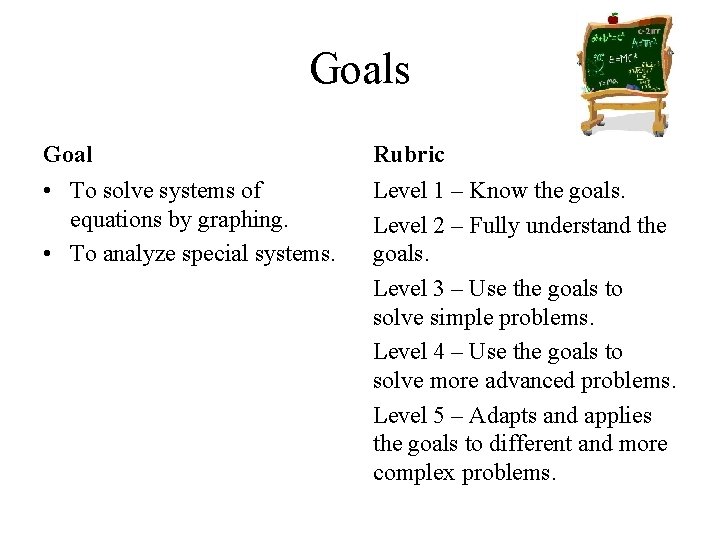 Goals Goal Rubric • To solve systems of equations by graphing. • To analyze