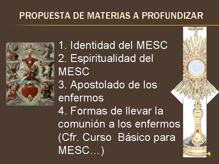 PROPUESTA DE MATERIAS A PROFUNDIZAR 1. Identidad del MESC 2. Espiritualidad del MESC 3.