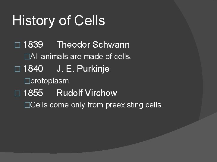 History of Cells � 1839 Theodor Schwann �All animals are made of cells. � History of Cells � 1839 Theodor Schwann �All animals are made of cells. �