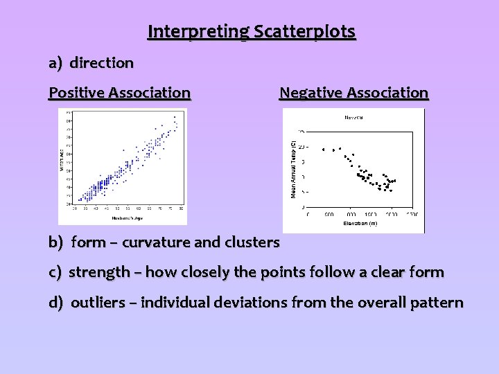 Interpreting Scatterplots a) direction Positive Association Negative Association b) form – curvature and clusters