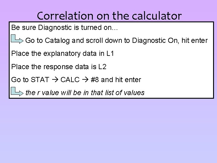 Correlation on the calculator Be sure Diagnostic is turned on… Go to Catalog and