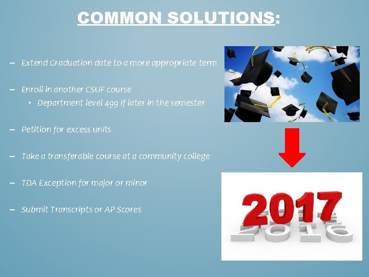 COMMON SOLUTIONS: – Extend Graduation date to a more appropriate term – Enroll in