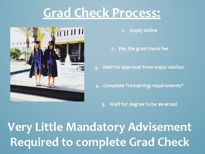 Grad Check Process: 1. Apply online OFFICIAL GRADUATION CHECK: 2. Pay the grad check