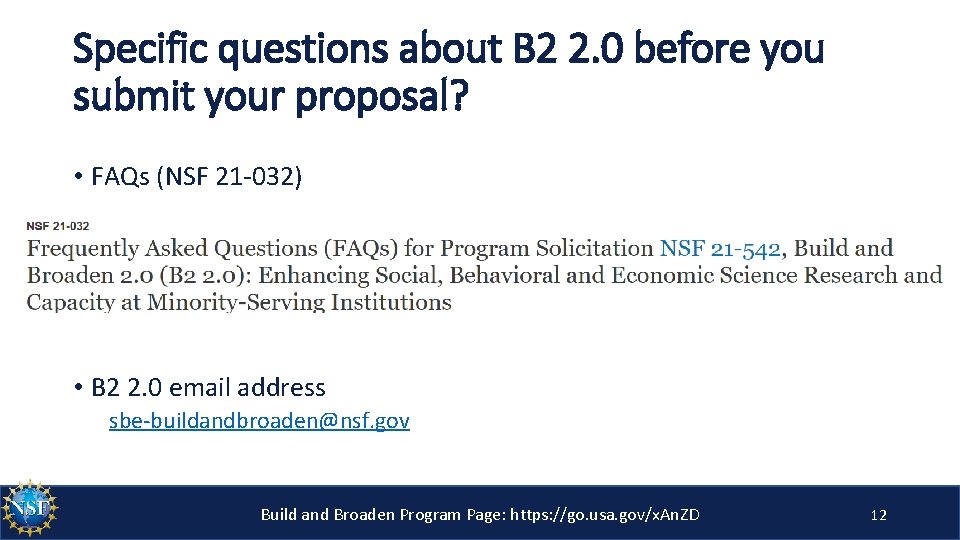 Specific questions about B 2 2. 0 before you submit your proposal? • FAQs