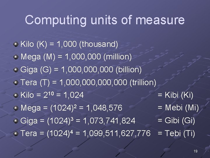 Computing units of measure Kilo (K) = 1, 000 (thousand) Mega (M) = 1, Computing units of measure Kilo (K) = 1, 000 (thousand) Mega (M) = 1,