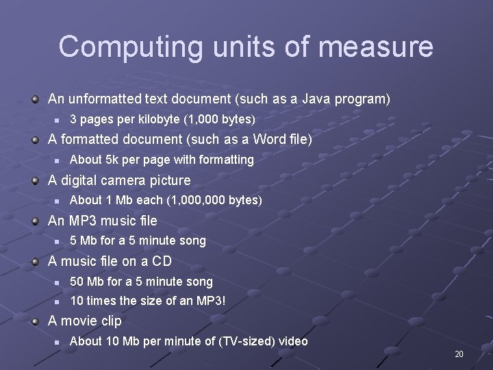 Computing units of measure An unformatted text document (such as a Java program) n