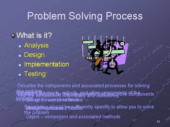 Problem Solving Process What is it? n n Analysis Design Implementation Testing Describe the