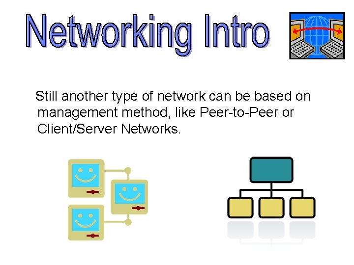 Still another type of network can be based on management method, like Peer-to-Peer or