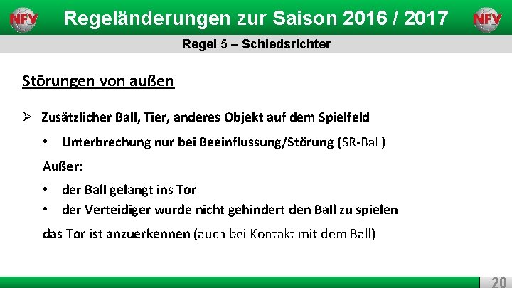 Regeländerungen zur Saison 2016 / 2017 Regel 5 – Schiedsrichter Störungen von außen Ø