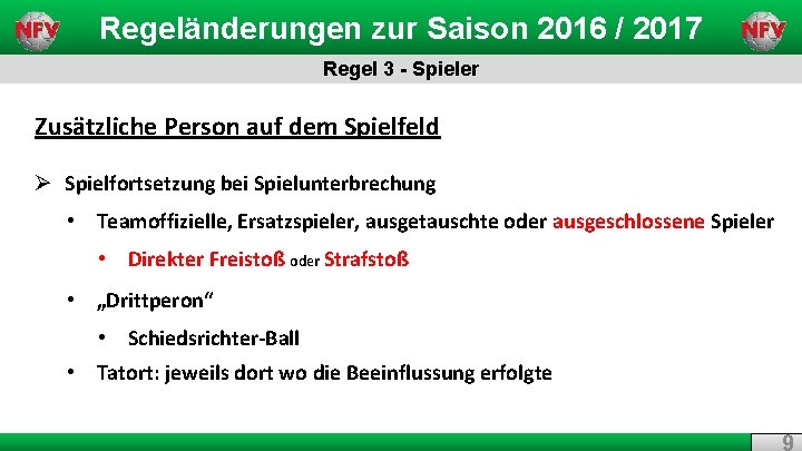 Regeländerungen zur Saison 2016 / 2017 Regel 3 - Spieler Zusätzliche Person auf dem