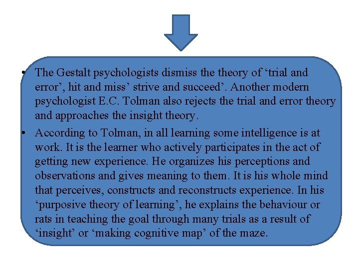  • The Gestalt psychologists dismiss theory of ‘trial and error’, hit and miss’