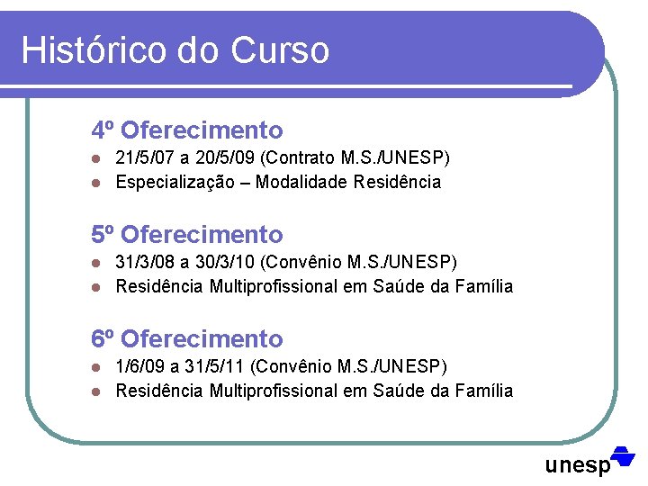 Histórico do Curso 4º Oferecimento 21/5/07 a 20/5/09 (Contrato M. S. /UNESP) l Especialização