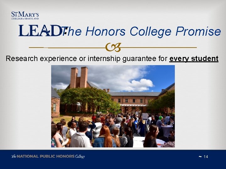 : Honors College Promise The Research experience or internship guarantee for every student 14