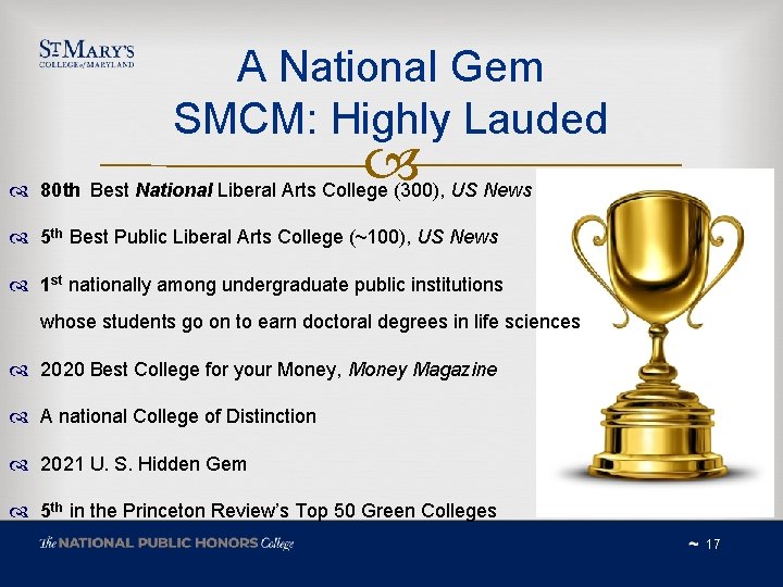 A National Gem SMCM: Highly Lauded 80 th Best National Liberal Arts College (300),