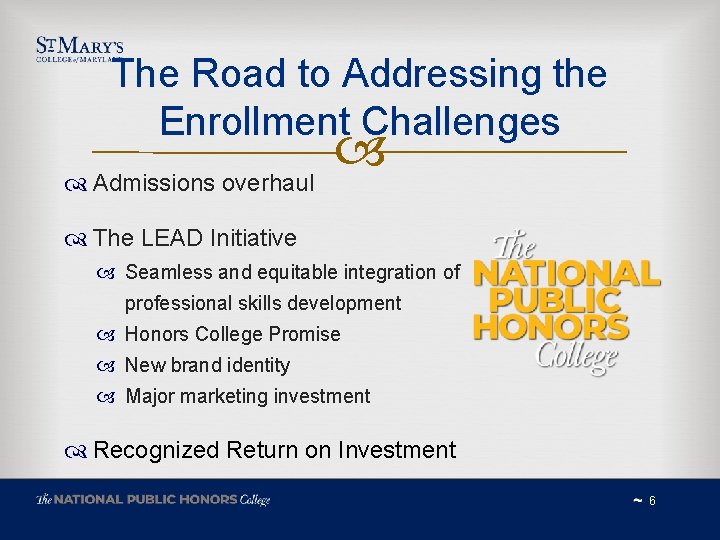 The Road to Addressing the Enrollment Challenges Admissions overhaul The LEAD Initiative Seamless and