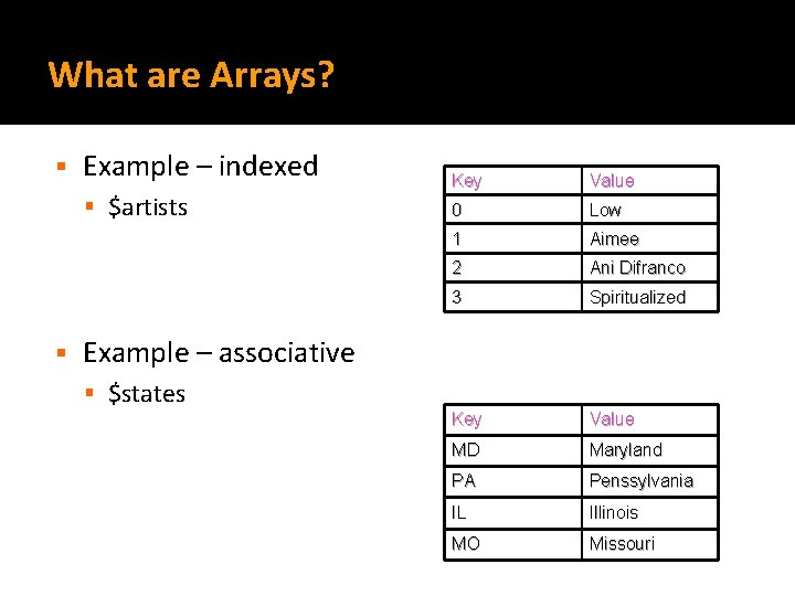 What are Arrays? § Example – indexed § $artists § Key Value 0 Low