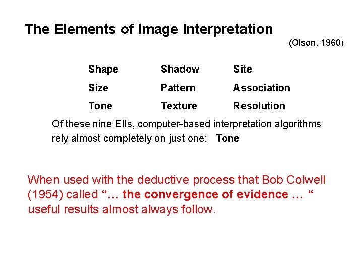 The Elements of Image Interpretation (Olson, 1960) Shape Shadow Site Size Pattern Association Tone