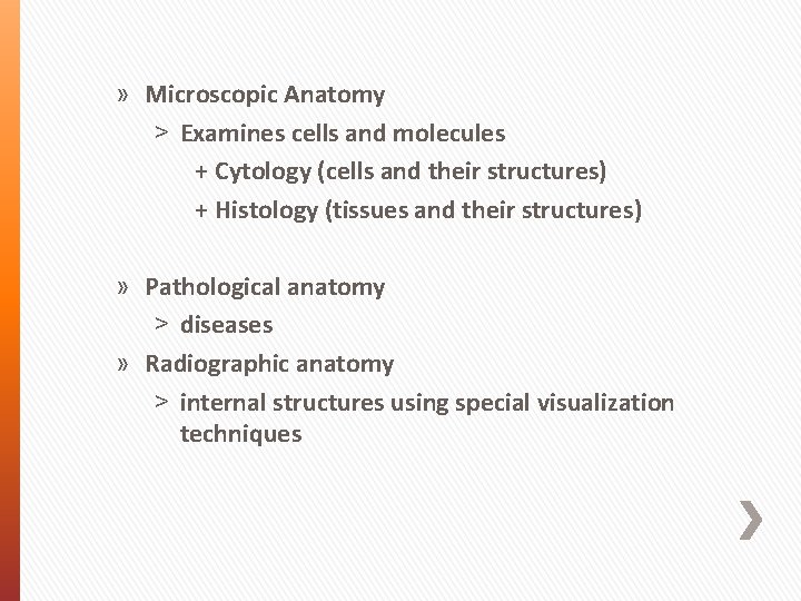 » Microscopic Anatomy ˃ Examines cells and molecules + Cytology (cells and their structures)