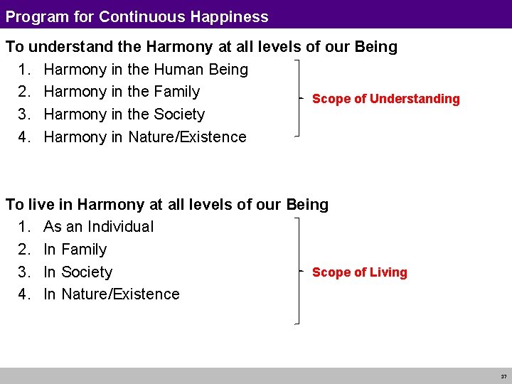 Program for Continuous Happiness To understand the Harmony at all levels of our Being