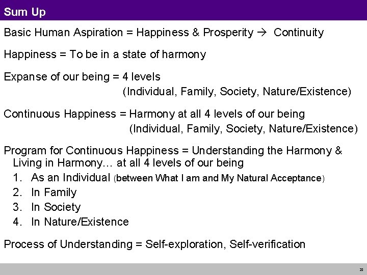 Sum Up Basic Human Aspiration = Happiness & Prosperity Continuity Happiness = To be