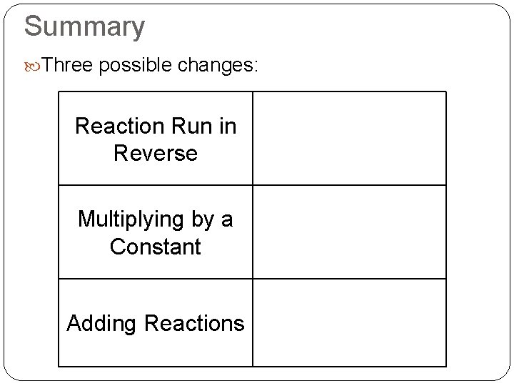 Summary Three possible changes: Reaction Run in Reverse Multiplying by a Constant Adding Reactions