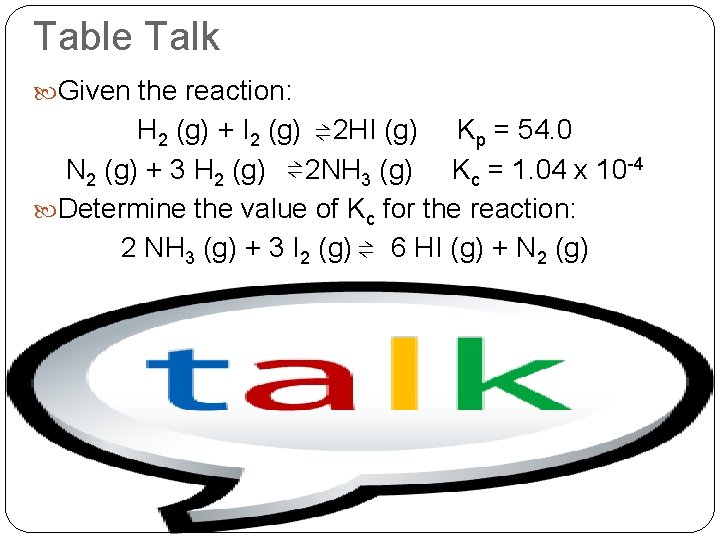 Table Talk Given the reaction: H 2 (g) + I 2 (g) ⇌ 2
