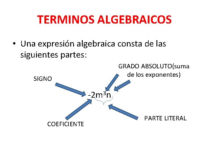 TERMINOS ALGEBRAICOS • Una expresión algebraica consta de las siguientes partes: GRADO ABSOLUTO(suma de