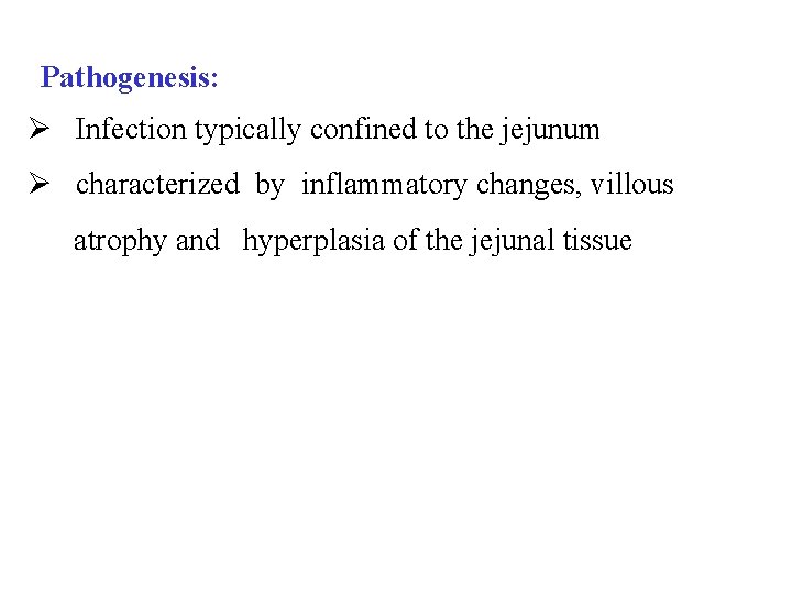 Pathogenesis: Ø Infection typically confined to the jejunum Ø characterized by inflammatory changes, villous
