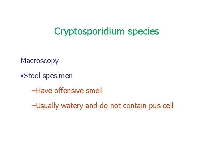 Cryptosporidium species Macroscopy • Stool spesimen –Have offensive smell –Usually watery and do not