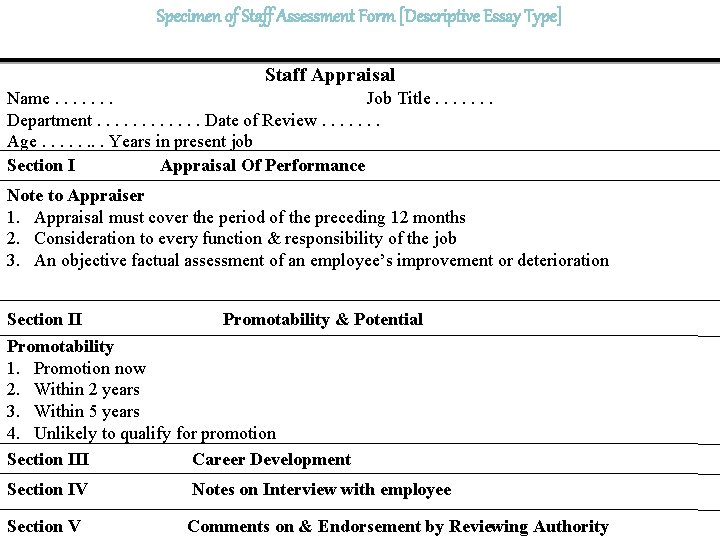 Specimen of Staff Assessment Form [Descriptive Essay Type] Staff Appraisal Name. . . .