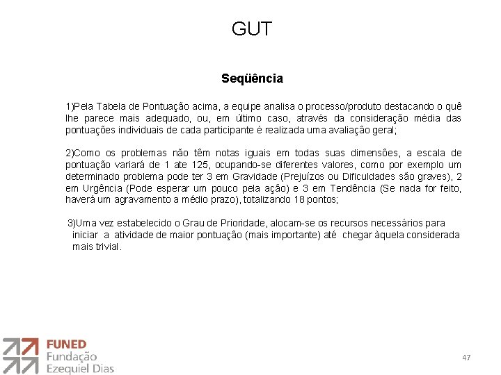 GUT Seqüência 1)Pela Tabela de Pontuação acima, a equipe analisa o processo/produto destacando o