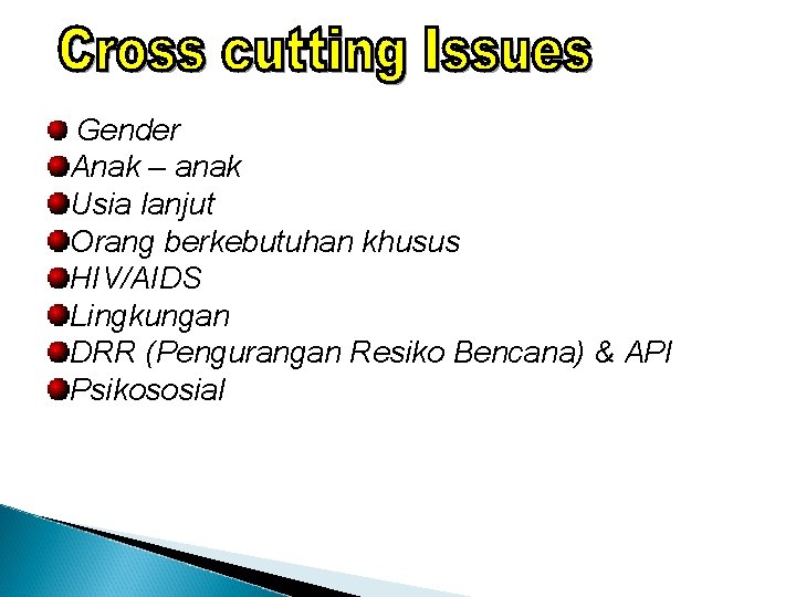 Gender Anak – anak Usia lanjut Orang berkebutuhan khusus HIV/AIDS Lingkungan DRR (Pengurangan Resiko