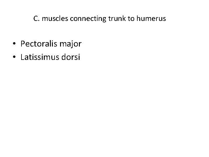 C. muscles connecting trunk to humerus • Pectoralis major • Latissimus dorsi 
