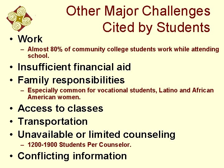  • Work Other Major Challenges Cited by Students – Almost 80% of community